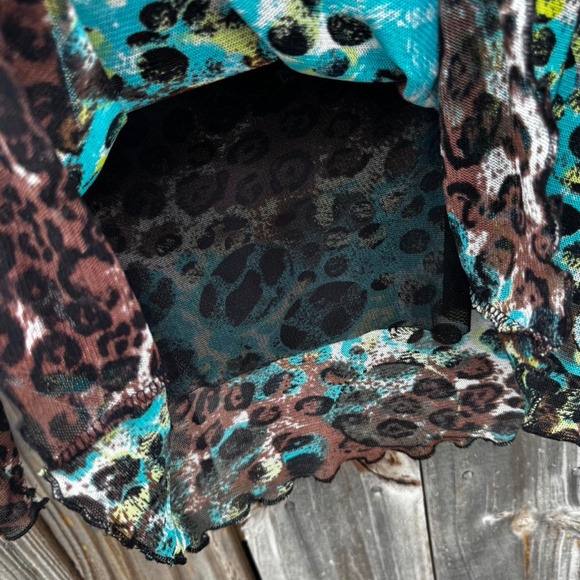 sheer mesh leopard print blouse sequins blue brown green long sleeve - Picture 7 of 7